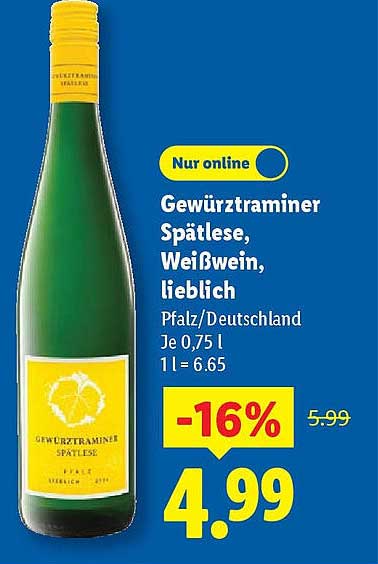 Gewürztraminer Spätlese, Weißwein, lieblich 0,75 l