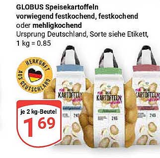 GLOBUS Speisekartoffeln vorwiegend festkochend, festkochend oder mehligkochend - 2 kg Beutel für nur 1,69 €