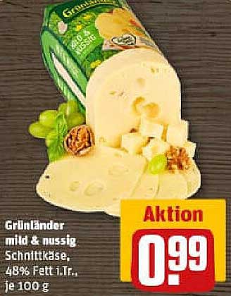 Grünländer mild & nussig Schnittkäse, 48% Fett i.Tr., je 100 g