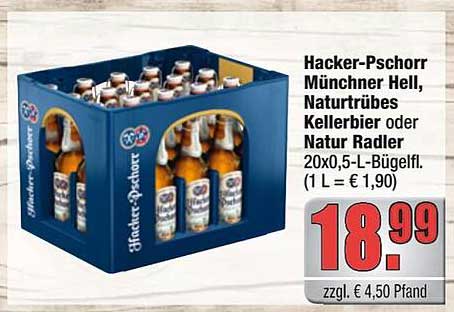 Hacker-Pschorr Münchner Hell, Naturtrübes Kellerbier oder Natur Radler im 20er-Kasten