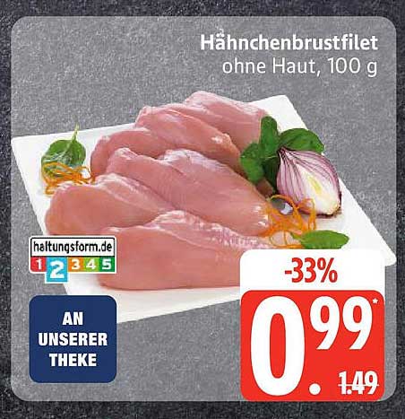 Hähnchenbrustfilet ohne Haut, 100 g