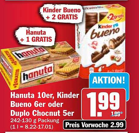 Hanuta 10er, Kinder Bueno 6er oder Duplo Chocnut 5er - Aktion!