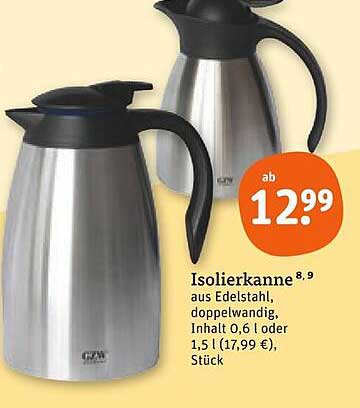 Isolierkanne aus Edelstahl, doppelwandig, 0,6 l oder 1,5 l