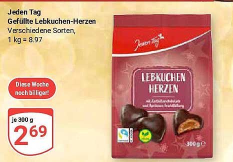 Jeden Tag Gefüllte Lebkuchen-Herzen, 300 g für 2,69 €