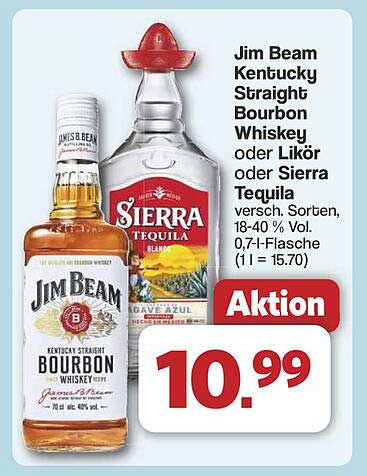 Jim Beam Kentucky Straight Bourbon Whiskey oder Sierra Tequila 0,7 l – Aktion!