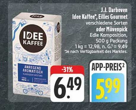 J.J. Darboven Idee Kaffee, Eilles Gourmet verschiedene Sorten oder Mövenpick, 500 g Packung