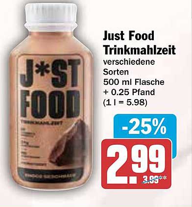 Just Food Trinkmahlzeit verschiedene Sorten 500 ml Flasche