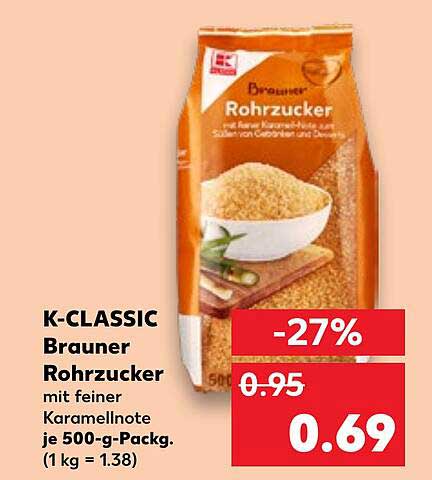 K-CLASSIC Brauner Rohrzucker mit feiner Karamellnote, je 500-g-Pack.