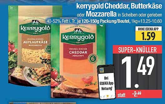 kerrygold Cheddar, Butterkäse oder Mozzarella in Scheiben oder gerieben