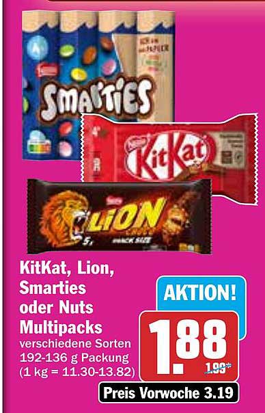 KitKat, Lion, Smarties oder Nuts Multipacks - verschiedene Sorten 192-136 g Packung