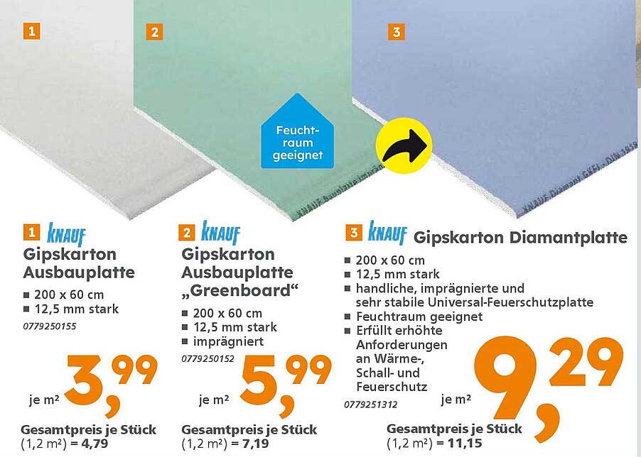 Knauf Gipskarton Ausbauplatte und Feuchtraumplatte