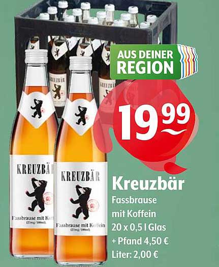Kreuzbär Fassbrause mit Koffein 20 x 0,5 l Glas für 19,99 €