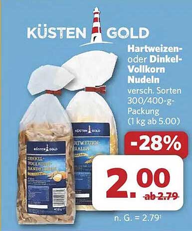 KÜSTEN GOLD Hartweizen- oder Dinkel-Vollkorn Nudeln 300/400-g-Packung