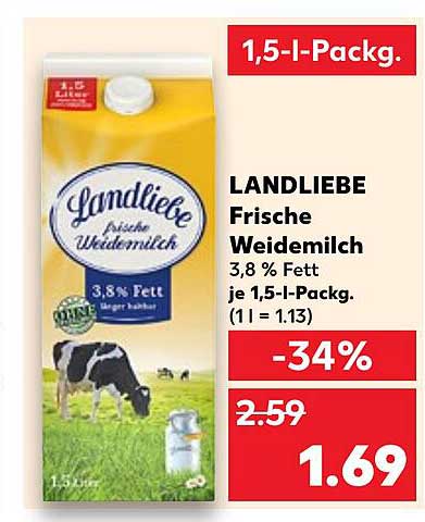 LANDLIEBE Frische Weidemilch 3,8 % Fett 1,5 l-Packung