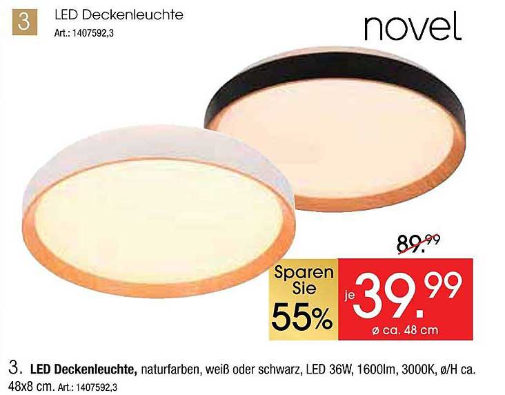 LED Deckenleuchte, naturfarben, weiß oder schwarz, LED 36W, 1600lm, 3000K, Ø ca. 48 cm