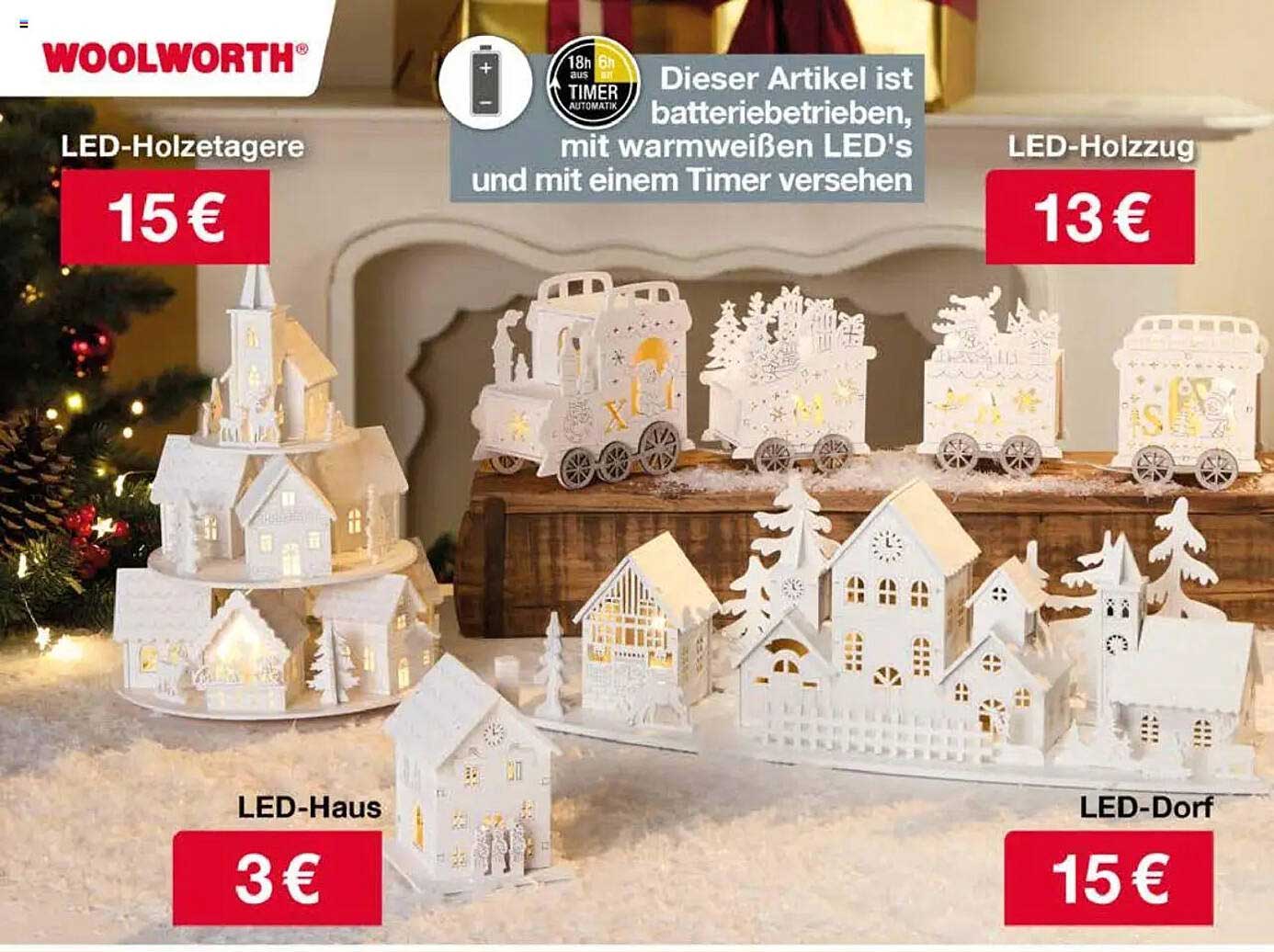 LED-Holzetagere, LED-Holzzug, LED-Haus, LED-Dorf