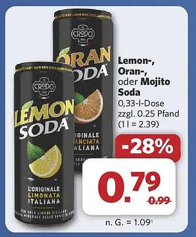 Lemon-, Oran- oder Mojito Soda 0,33-l-Dose
