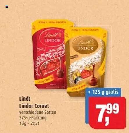 Lindt Lindor Cornet verschiedene Sorten 375-g-Packung + 125 g gratis
