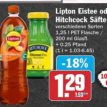 Lipton Eistee oder Hitchcock Säfte 1,25 l PET Flasche