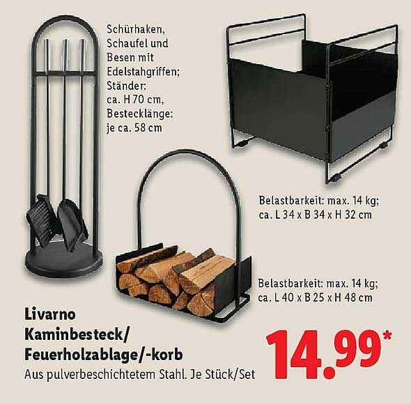 Livorno Kaminbesteck/Feuerholzablage/-korb