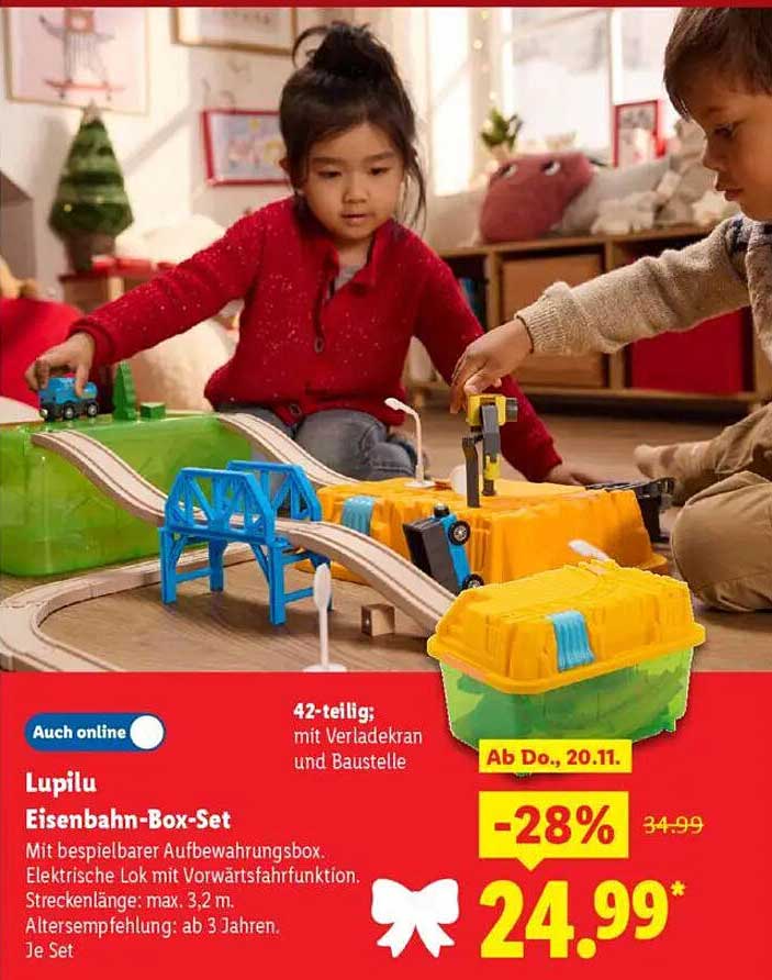 Lupilu Eisenbahn-Box-Set 42-teilig mit Verladekran und Baustelle