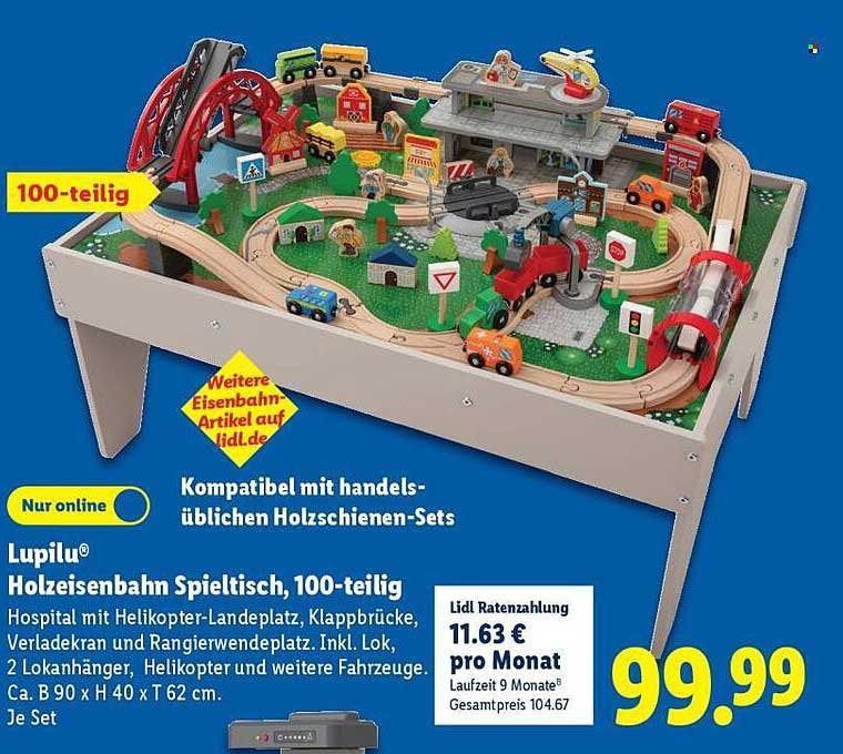 Lupilu® Holzeisenbahn Spieltisch, 100-teilig