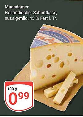 Maasdamer Holländischer Schnittkäse, nussig-mild, 45 % Fett i. Tr.
