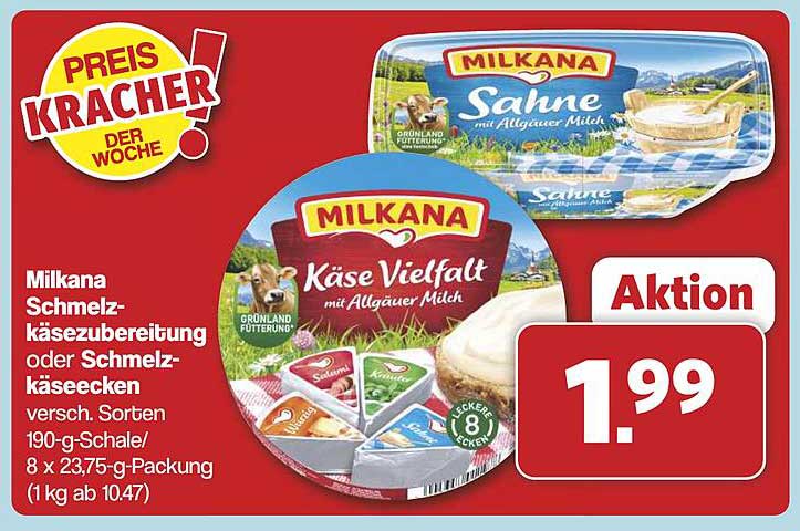 MILKANA Schmelzkäsebereitung oder Schmelzkäseecken, verschiedene Sorten