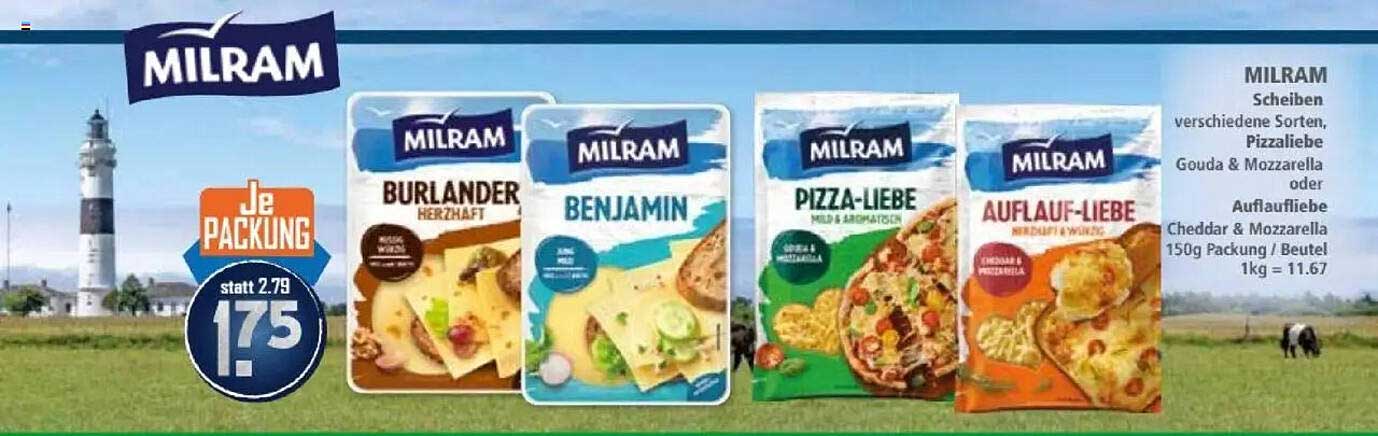 MILRAM Scheiben verschiedene Sorten, Pizza-Liebe Gouda & Mozzarella oder Auflauf-Liebe Cheddar & Mozzarella 150g Packung