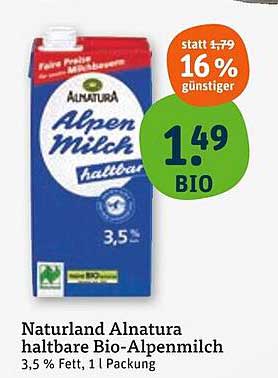 Naturland Alnatura haltbare Bio-Alpenmilch 1 l