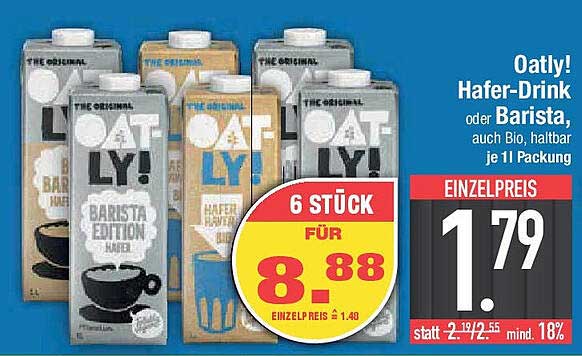 Oatly! Hafer-Drink oder Barista, auch Bio, haltbar je 1l Packung