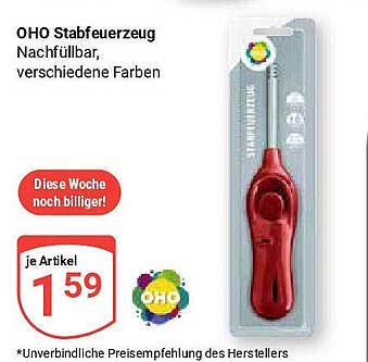 OHO Stabfeuerzeug nachfüllbar, verschiedene Farben