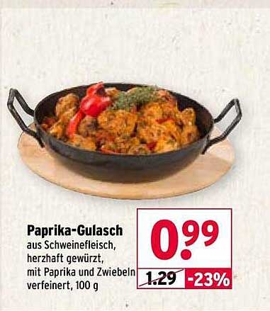 Paprika-Gulasch aus Schweinefleisch, herzhaft gewürzt, mit Paprika und Zwiebeln verfeinert, 100 g
