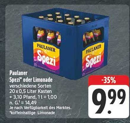 Paulaner Spezi oder Limonade 20 x 0,5 Liter Kasten