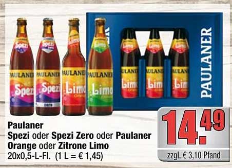 Paulaner Spezi, Spezi Zero, Paulaner Orange oder Zitronen Limo - 20x0,5-L-Fl.