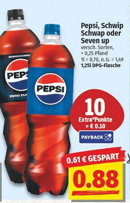 Pepsi, Schwip Schwap oder Seven up 1,25L für nur 0,88€