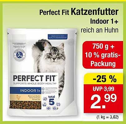 Perfect Fit Katzenfutter Indoor 1+ reich an Huhn 750 g + 10 % gratis-Packung