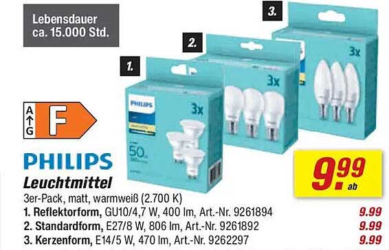 PHILIPS Leuchtmittel 3er-Pack, matt, warmweiß (2.700 K)