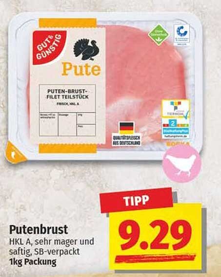 Putenbrust HKL A, sehr mager und saftig, SB-verpackt, 1kg Packung