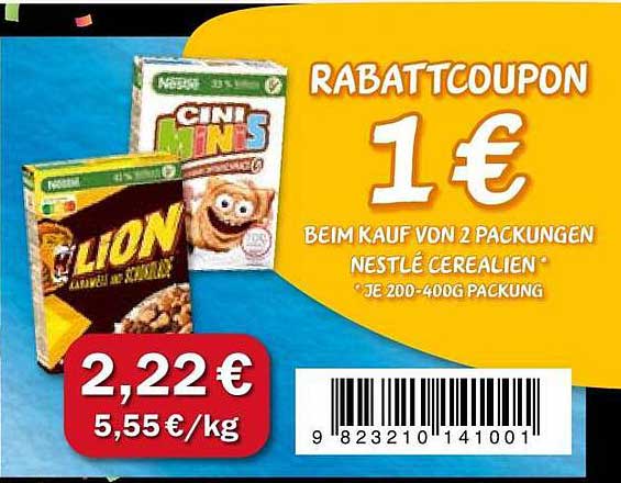 Rabattcoupon: 1 € beim Kauf von 2 Packungen Nestlé Cerealien