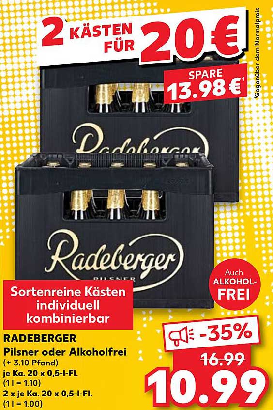 Radeberger Pilsner oder Alkoholfrei – 2 Kästen für 20 €