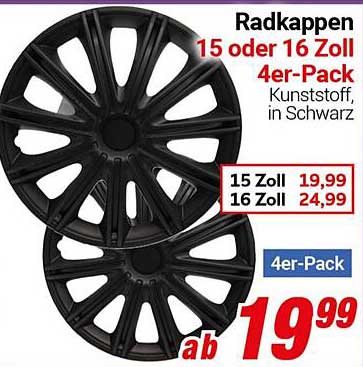 Radkappen 15 oder 16 Zoll - 4er-Pack aus hochwertigem Kunststoff in Schwarz