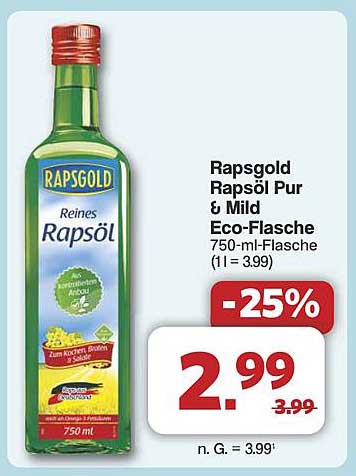 Rapsgold Rapsöl Pur & Mild Eco-Flasche 750-ml