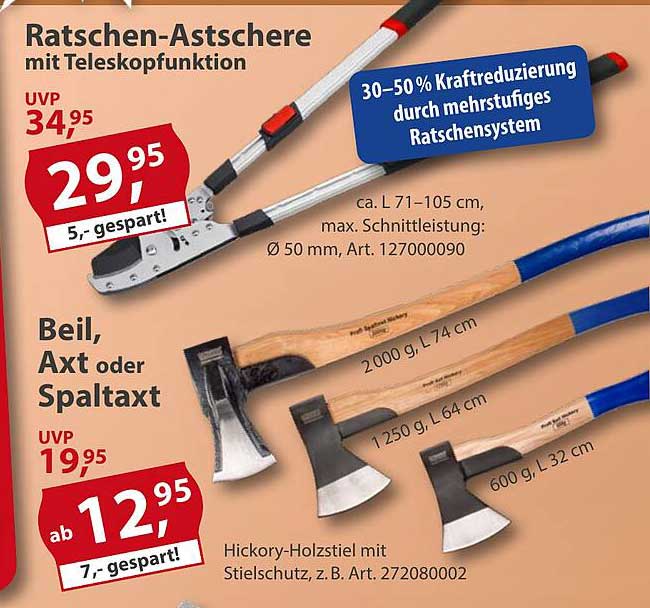 Ratschen-Astscherer mit Teleskopfunktion und Beil, Axt oder Spaltäxt