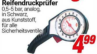 Reifendruckprüfer 0,5-5 bar, analog, in Schwarz, aus Kunststoff, für alle Sicherheitsventile
