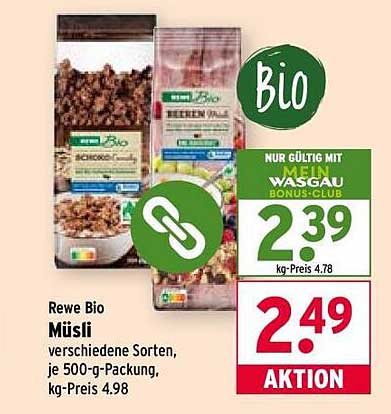 Rewe Bio Müsli verschiedene Sorten, je 500-g-Packung