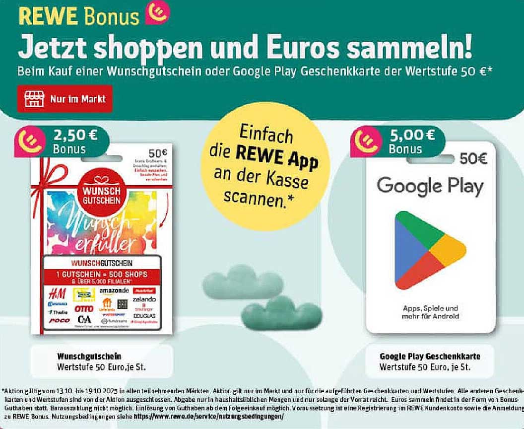 REWE Bonus: Wunschgutschein und Google Play Geschenkkarte 50 €