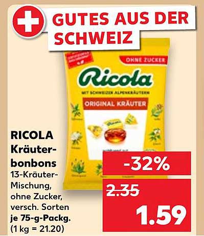 RICOLA Kräuterbonbons 13-Kräuter-Mischung, ohne Zucker, 75-g-Packung