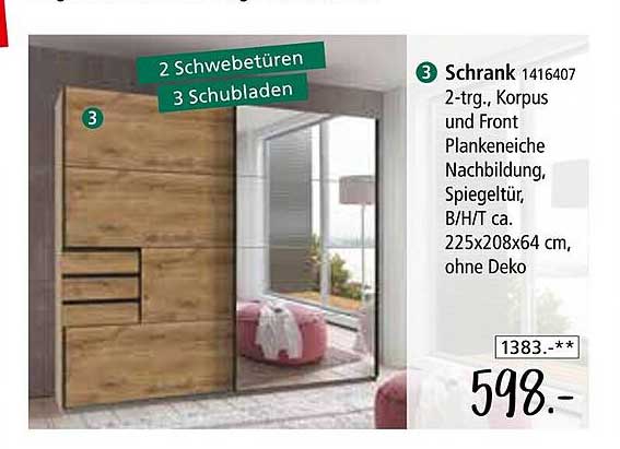 Schrank 2-trg., Korpus und Front Plankeneiche Nachbildung, Spiegeltür, B/H/T ca. 225x208x64 cm, ohne Deko