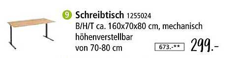 Schreibtisch B/H/T ca. 160x70x80 cm, mechanisch höhenverstellbar von 70-80 cm